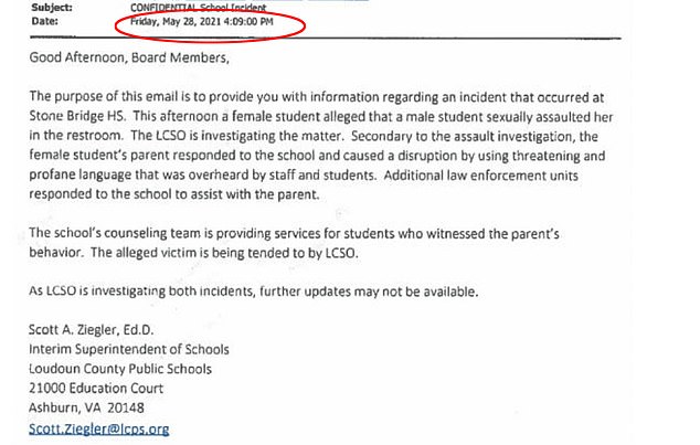 Superintendent Scott Ziegler claimed on June 22 that he'd received 'no report' of a sexual assault in the school bathrooms. On May 28, the day it happened, he sent this email to colleagues confirming that it had been reported. 'This afternoon, a female student alleged that a male student sexually assaulted her in the restroom'