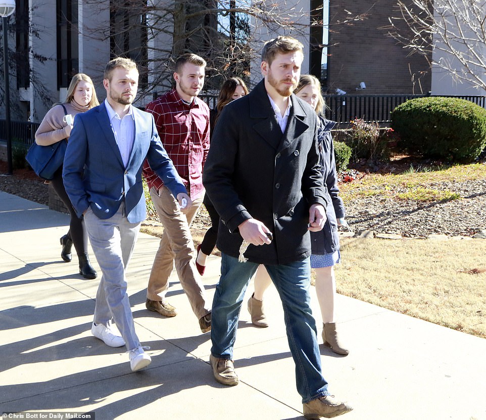 Jessa and other Duggar family members including sibling Joy-Anna Forsyth, Jason (blue jacket) and James Duggar (plaid shirt) were seen arriving at court Monday