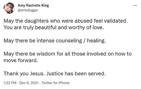 She also praised God for the guilty verdict, writing: 'Thank you Jesus. Justice has been served'