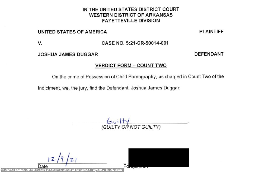 Court papers show the guilty verdict on both counts of child porn charges against Duggar Thursday